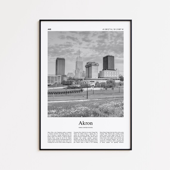 Akron Ohio Black And White Downtown Skyline Travel Poster Art