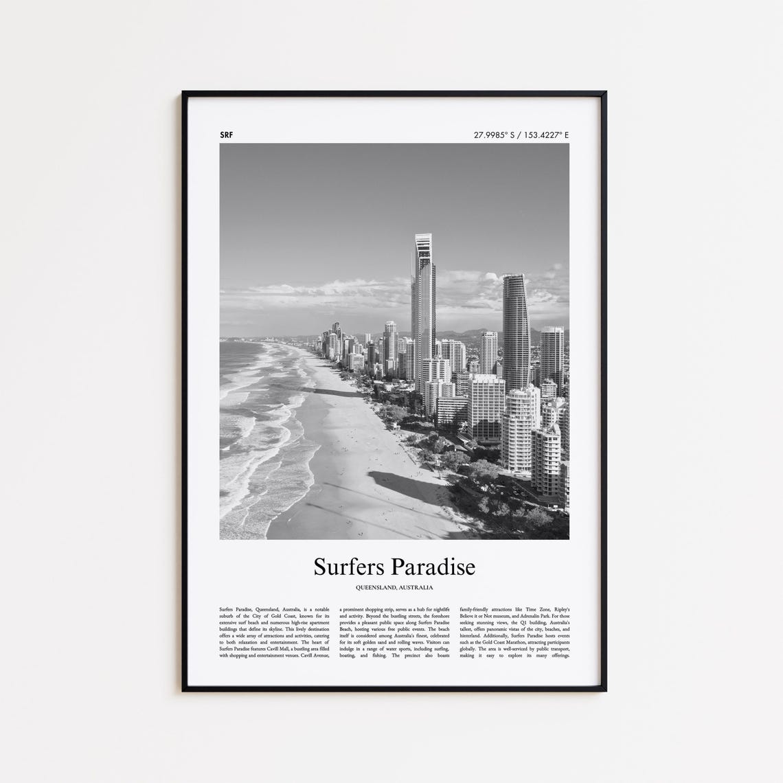Surfers Paradise Beachfront Skyline Black and White Travel Poster