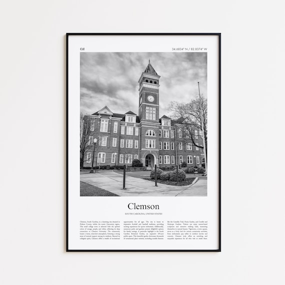 Clemson South Carolina University Clock Tower Black White Travel Poster