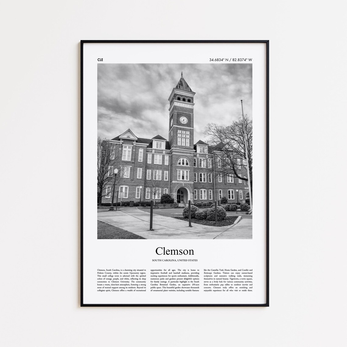 Clemson South Carolina University Clock Tower Black White Travel Poster