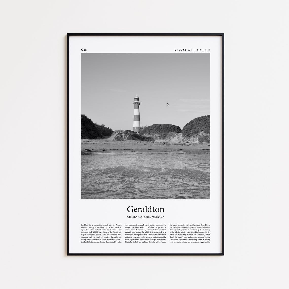 Geraldton Striped Lighthouse Beach Black and White Travel Poster