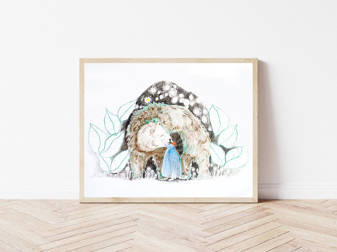 Little Girl Hugging Bear Whimsical Kids Room Illustration Poster - Image 2
