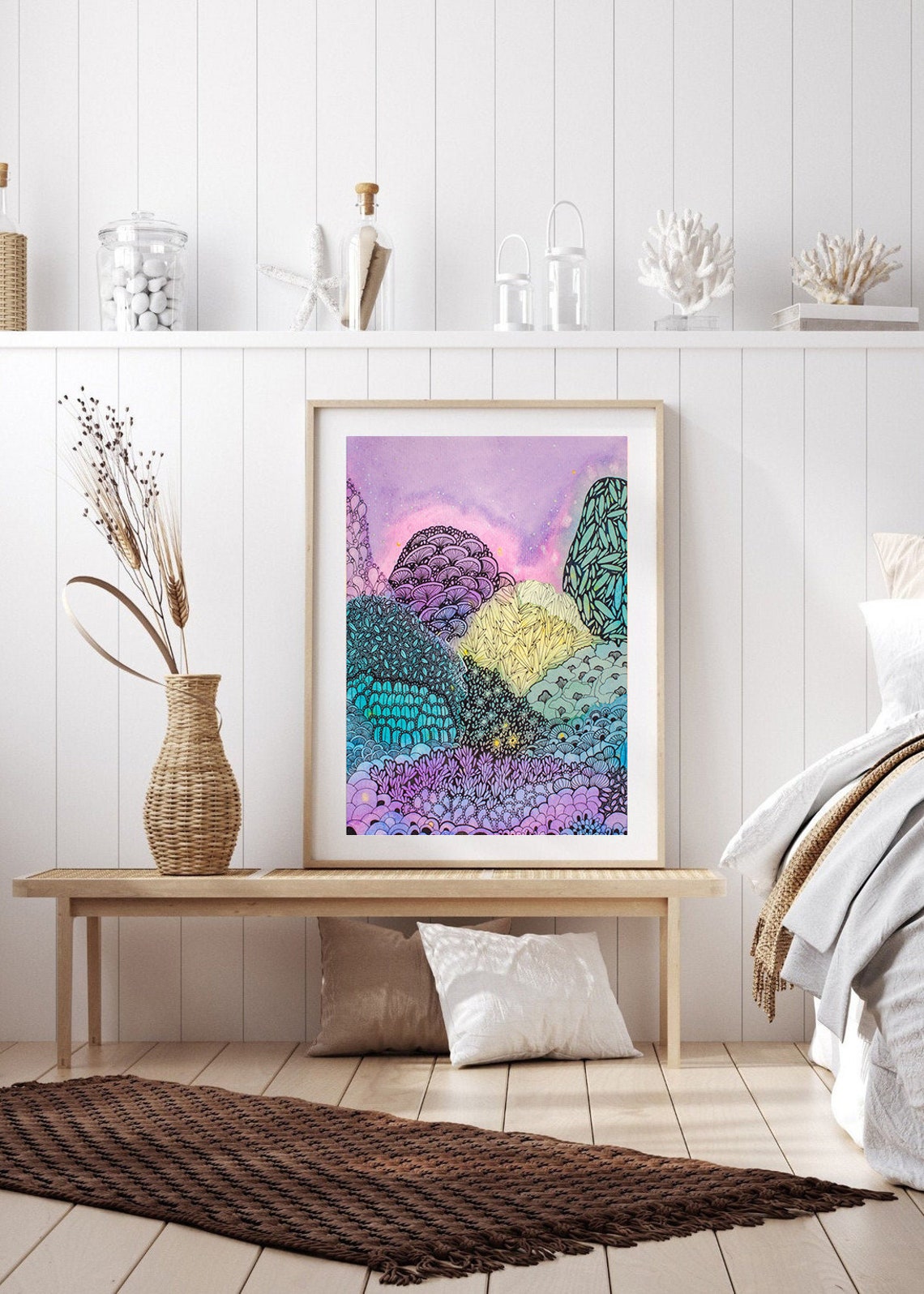 Purple Teal Doodle Mountain Landscape Zentangle Style Art Poster - Image 4