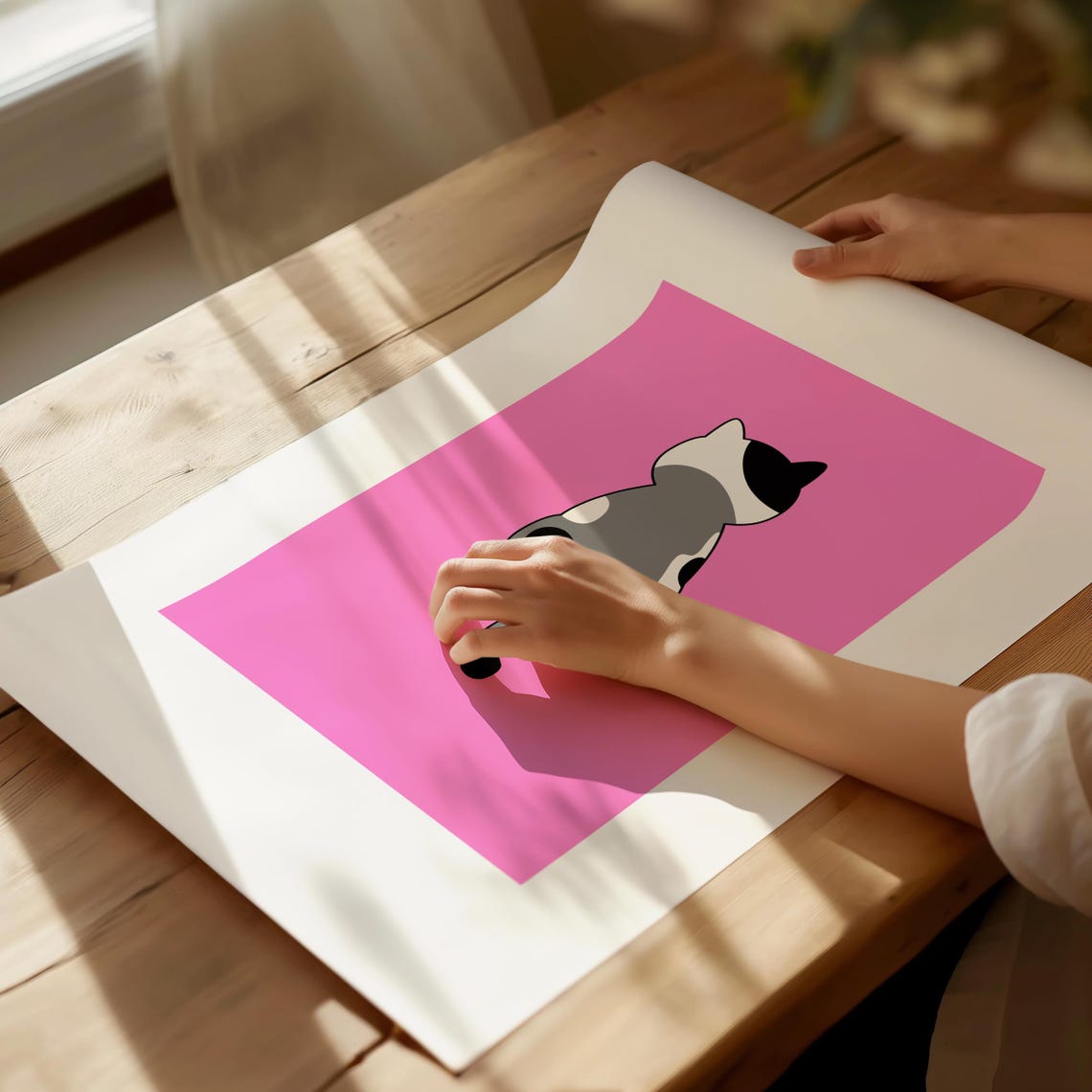 Grey Spotted Cat Back View on Bright Pink Minimalist Art Poster - Image 4
