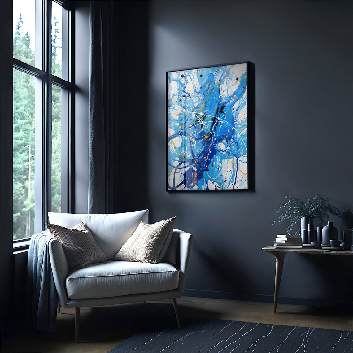 Blue White Orange Dynamic Paint Splatter Abstract Art Poster - Image 5