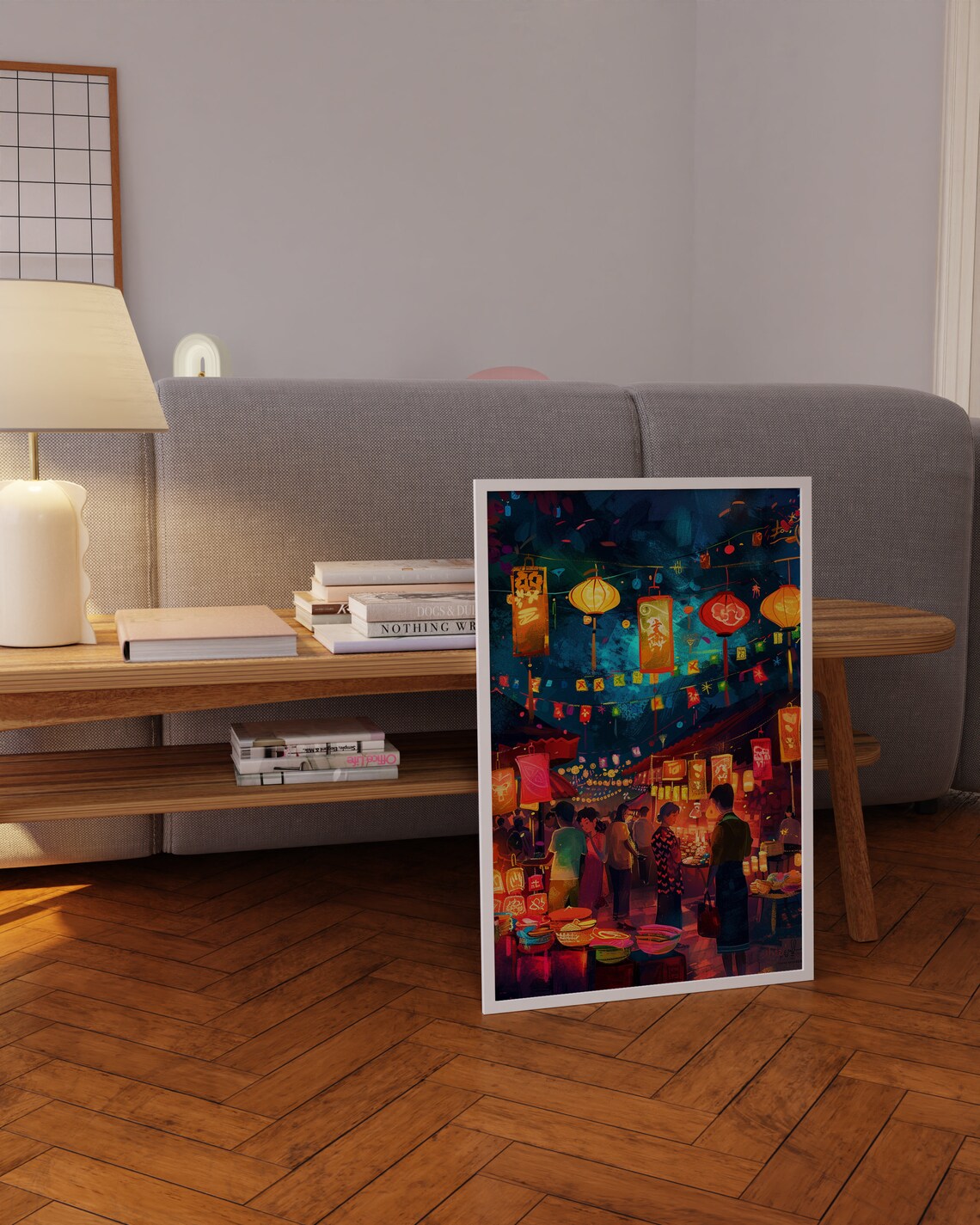 Asian Lantern Night Market Street Food Festival Painting Poster - Image 5
