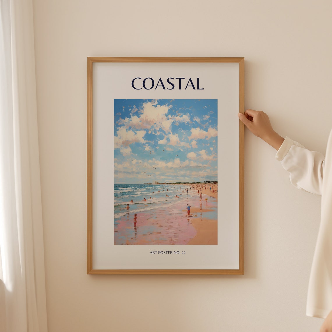 Coastal Blue Sky Pink Clouds Sandy Shore Scene Art Poster No. 22