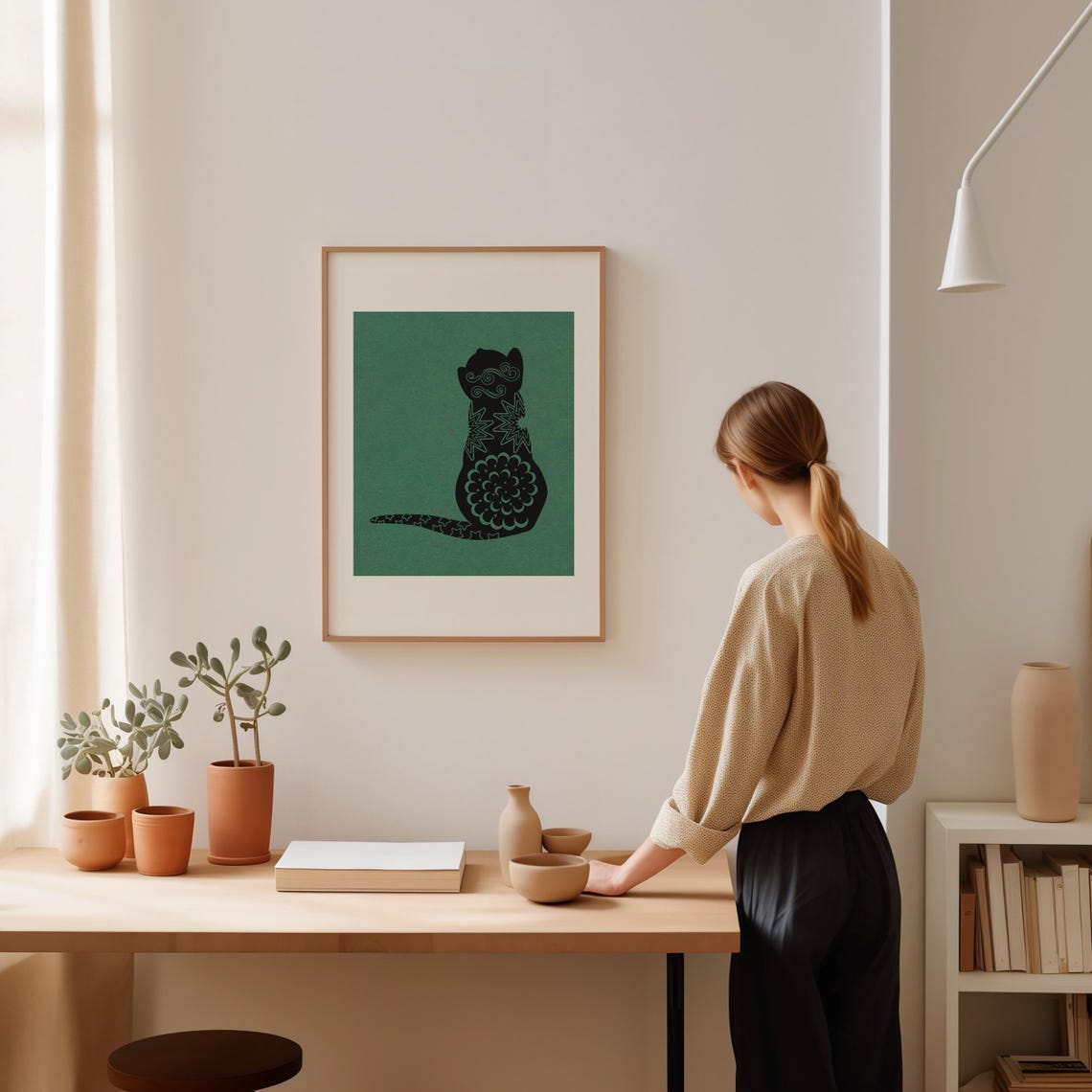 Decorative Black Cat Silhouette on Sage Green Pattern Poster - Image 2