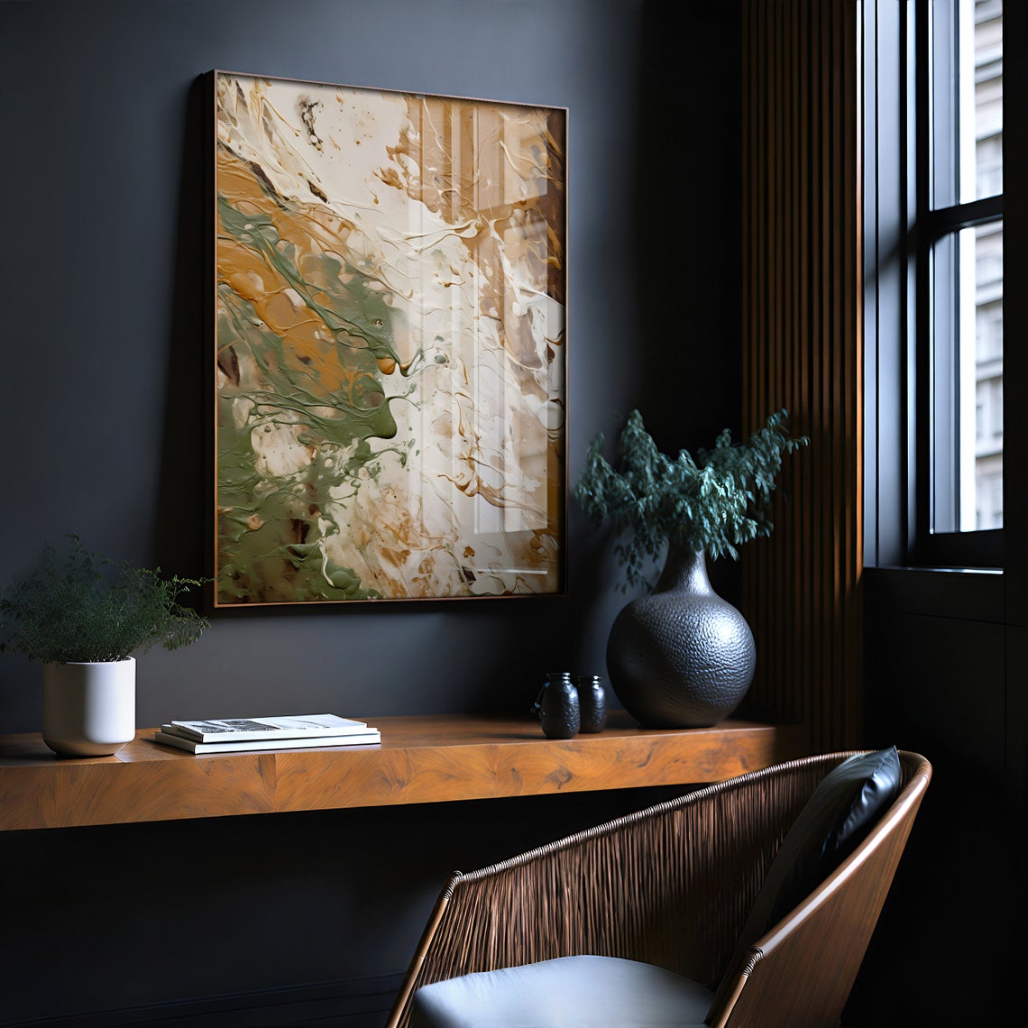 Jackson Pollock Style Sage Green Caramel Flow Abstract Art Poster - Image 2