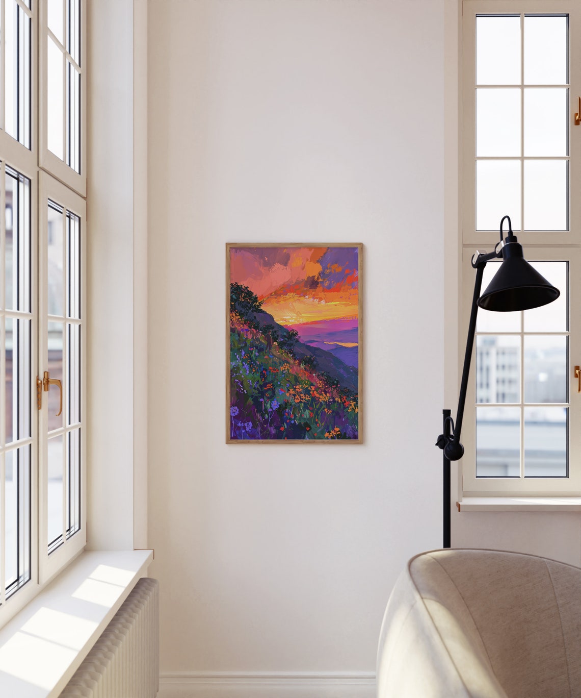 Sunset Over Mountains with Wildflower Meadow and Hiker Art Poster - Image 3
