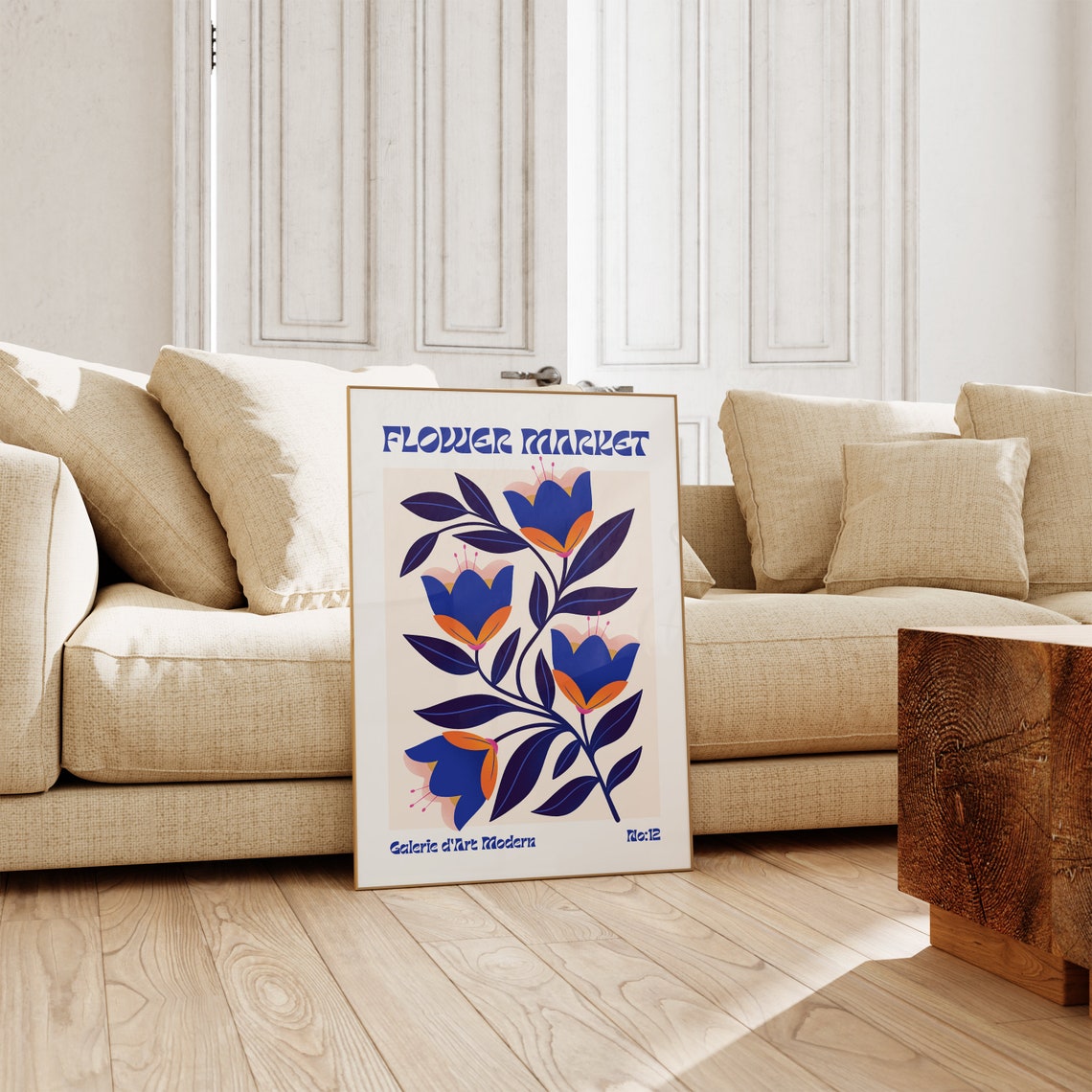 Flower Market No 12 Blue Tulips Orange Retro Floral Art Poster - Image 3