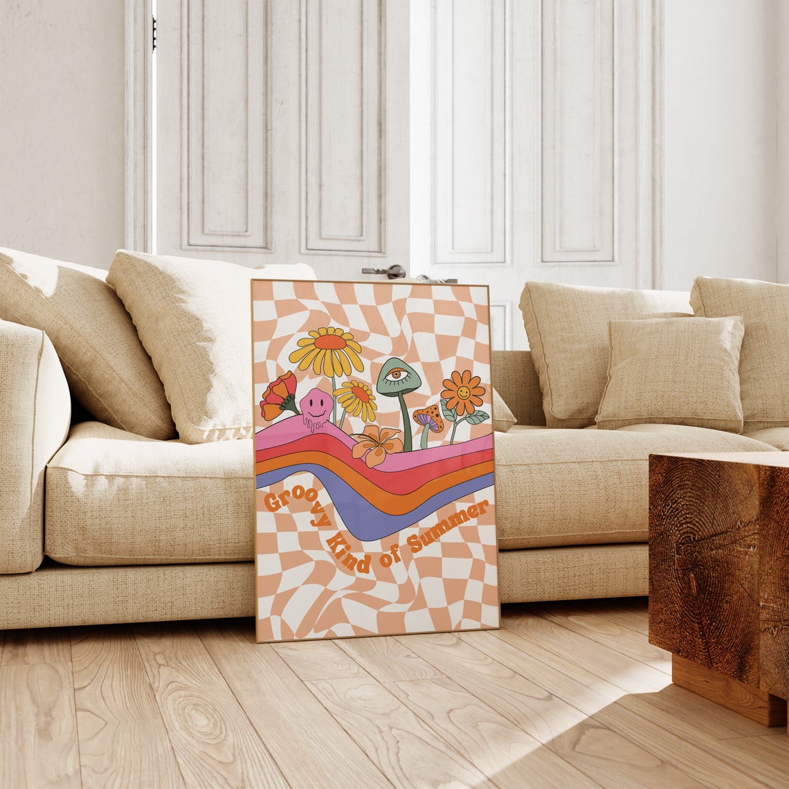 Groovy Kind of Summer Retro Floral Mushroom Checkerboard Poster - Image 2