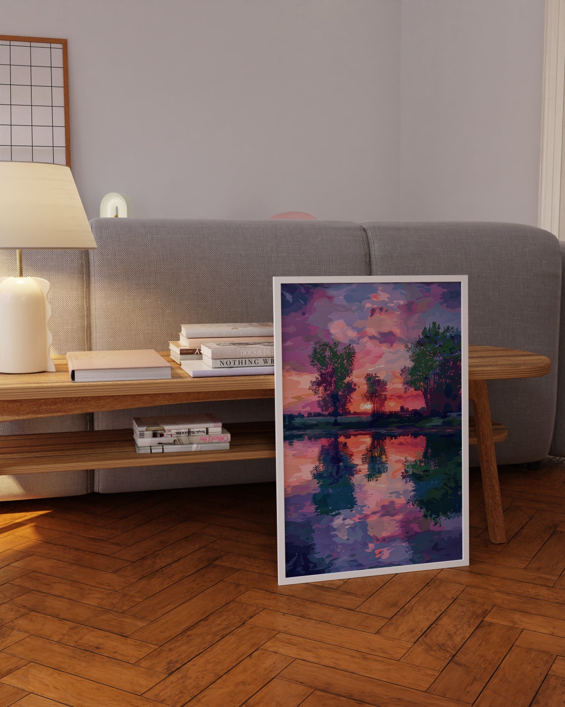 Purple Pink Sunset Lake Reflection Trees Serene Painting Poster - Image 4