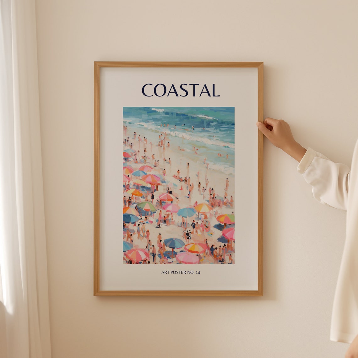 Coastal Crowded Beach Colorful Umbrellas Scene Art Poster No. 14