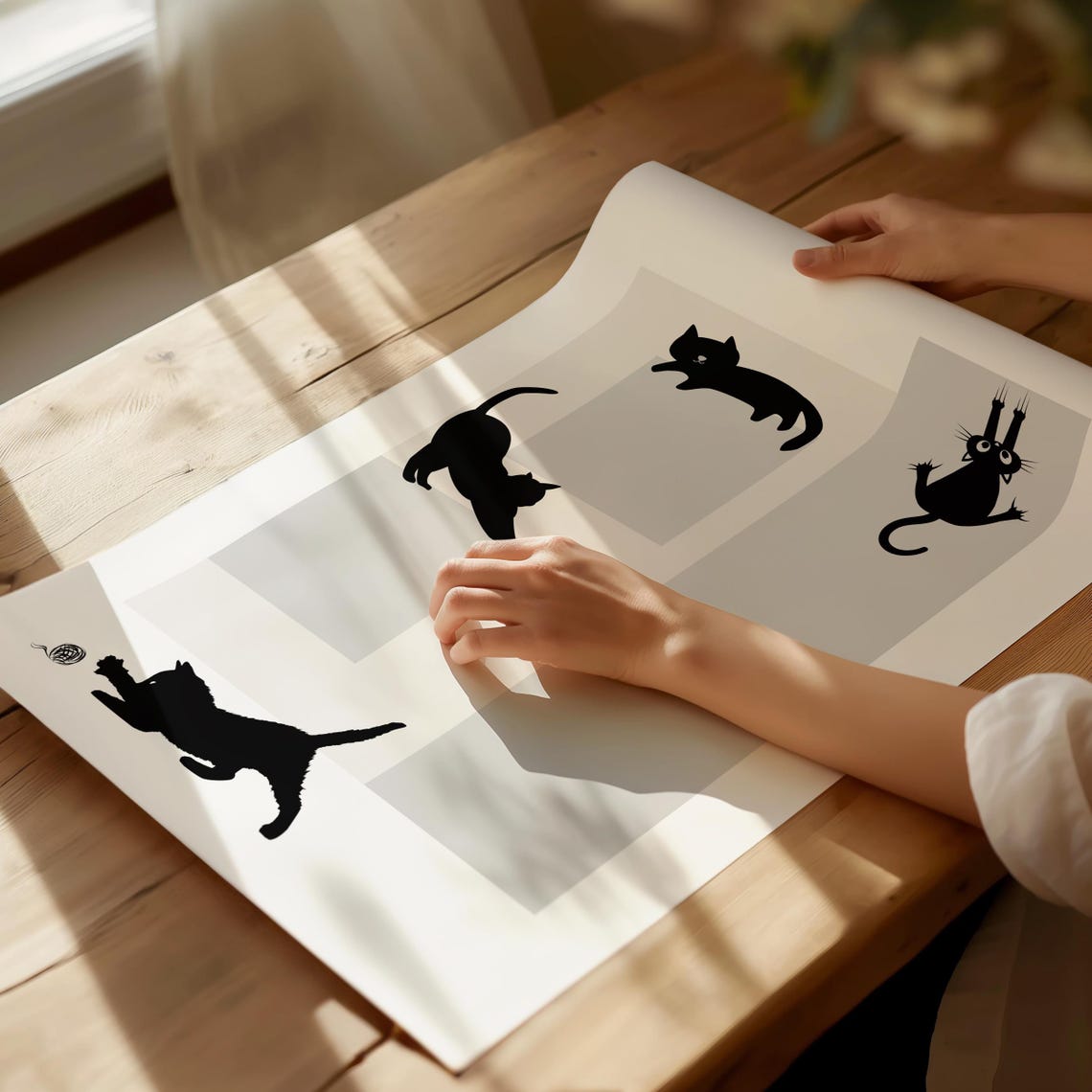 Playful Black Cat Silhouettes Minimalist Grey Blocks Art Poster - Image 4