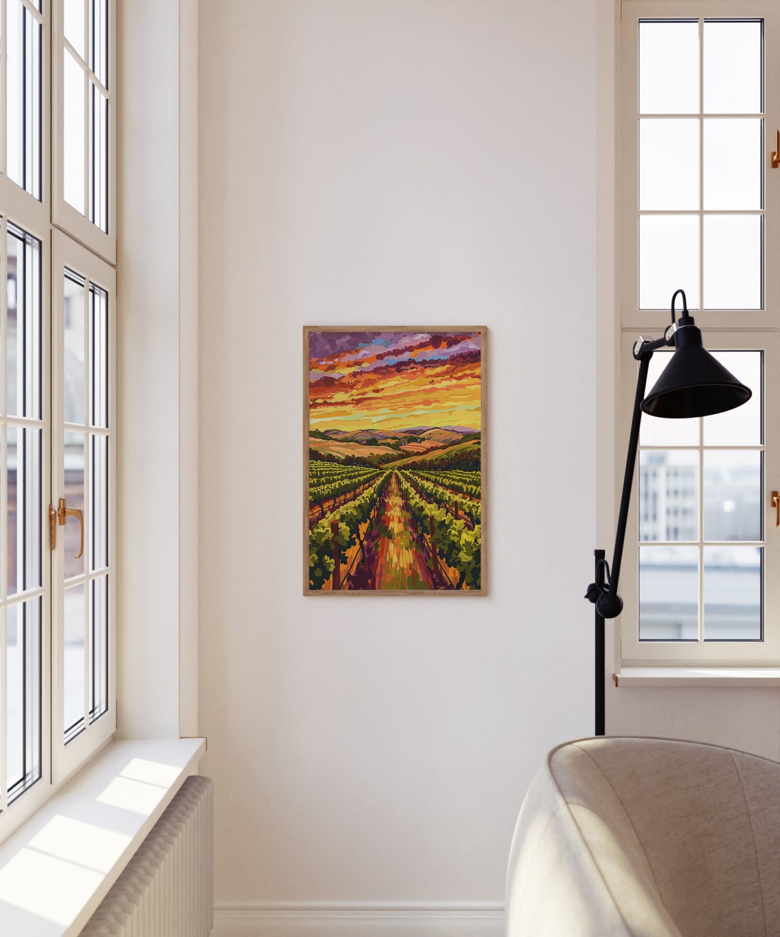 Vineyard Valley Golden Rows Red Orange Sunset Landscape Poster - Image 3