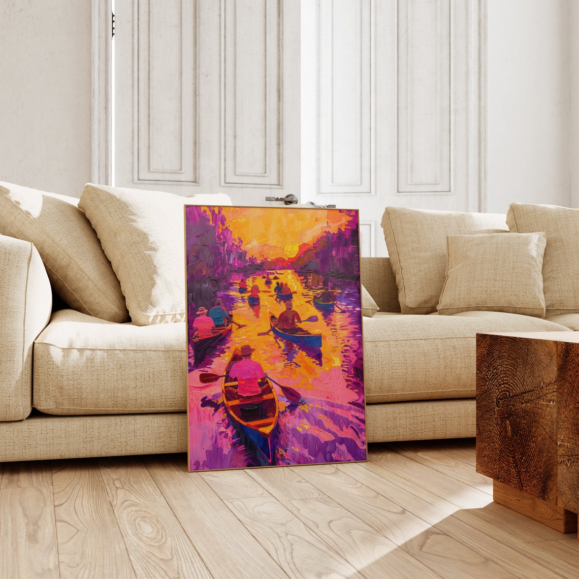 Kayakers on River at Sunset Impressionist Colorful Painting Art Poster - Image 4