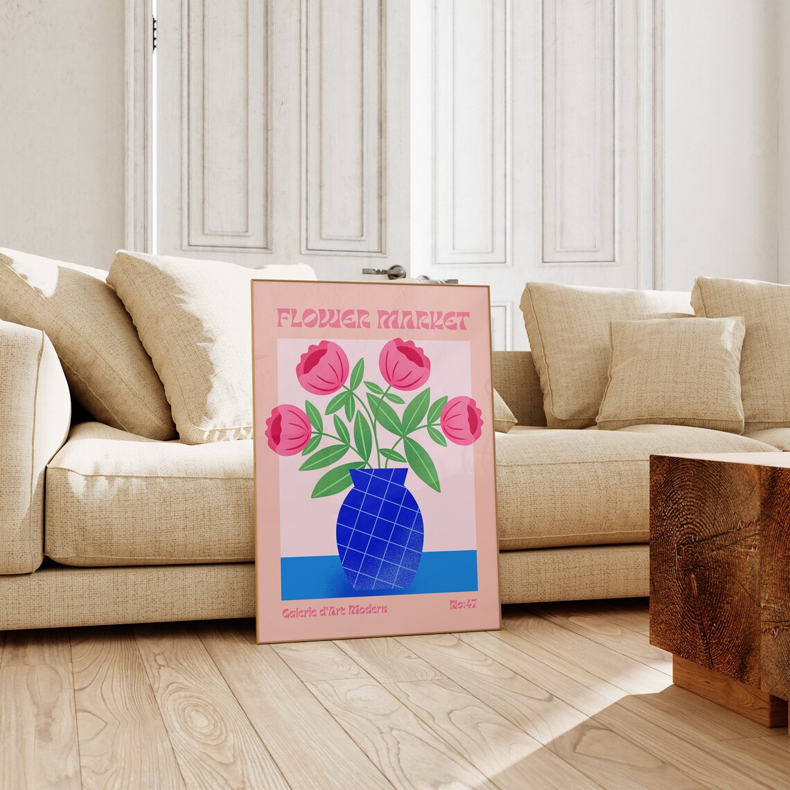 Flower Market No 47 Pink Tulips Blue Grid Vase Peach Art Poster - Image 3