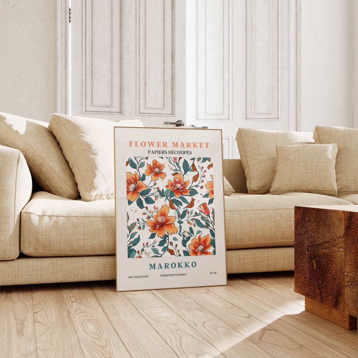 Flower Market Marokko Burnt Orange Blooms Teal Leaves Pattern Poster - Image 3