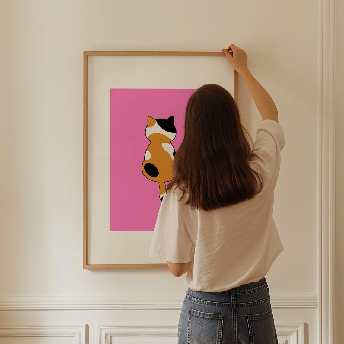 Calico Cat Back View on Pink Minimalist Pop Art Style Poster - Image 3