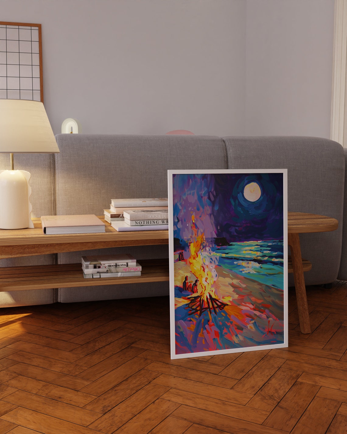 Beach Bonfire at Night Under Full Moon with Colorful Waves Poster - Image 4