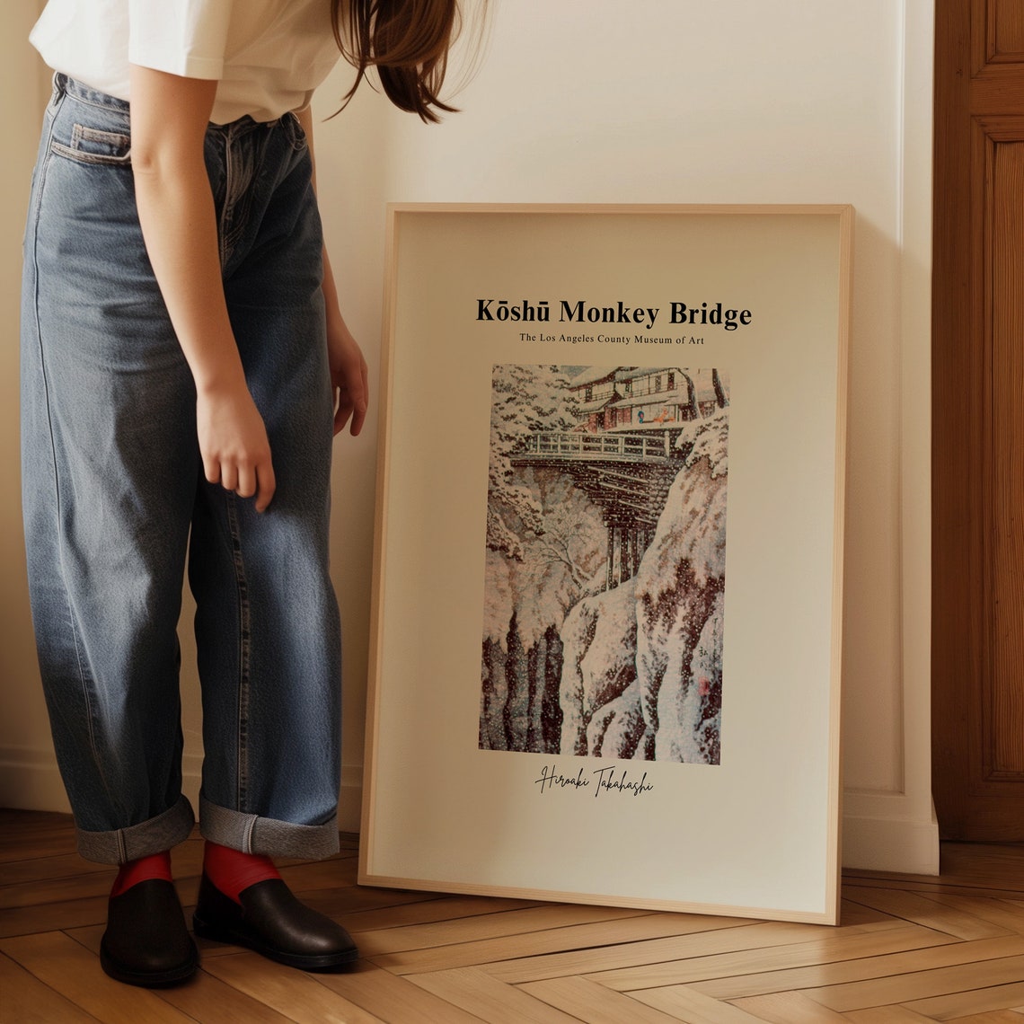 Hiroaki Takahashi Koshu Monkey Bridge Snow Woodblock Art Poster - Image 4