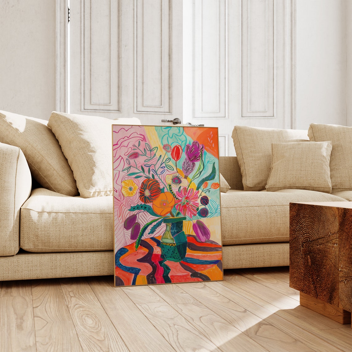 Colorful Flower Bouquet Green Vase Vibrant Modern Art Poster - Image 2