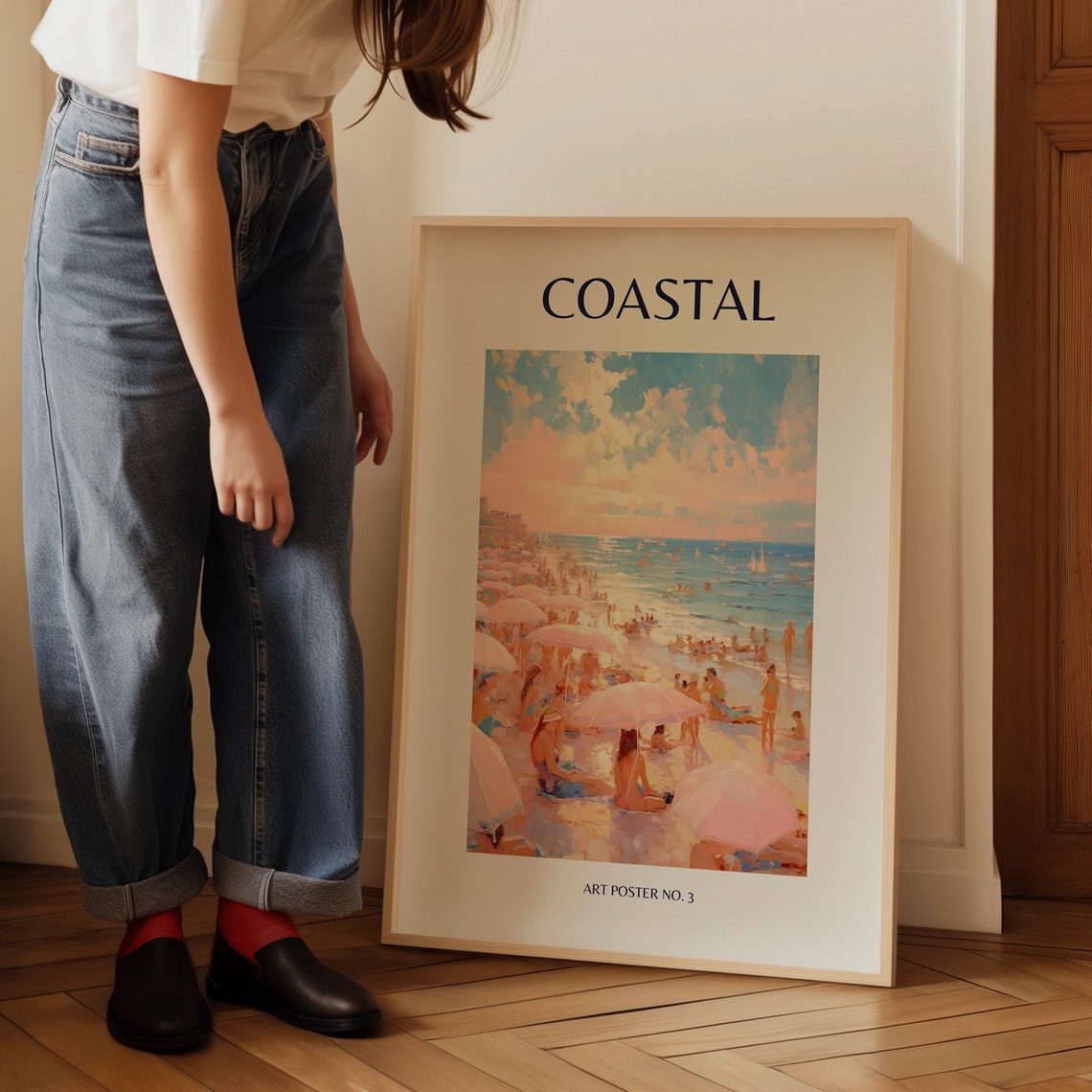 Coastal Sunset Beach Crowd Pastel Umbrellas Summer Art Poster - Image 3