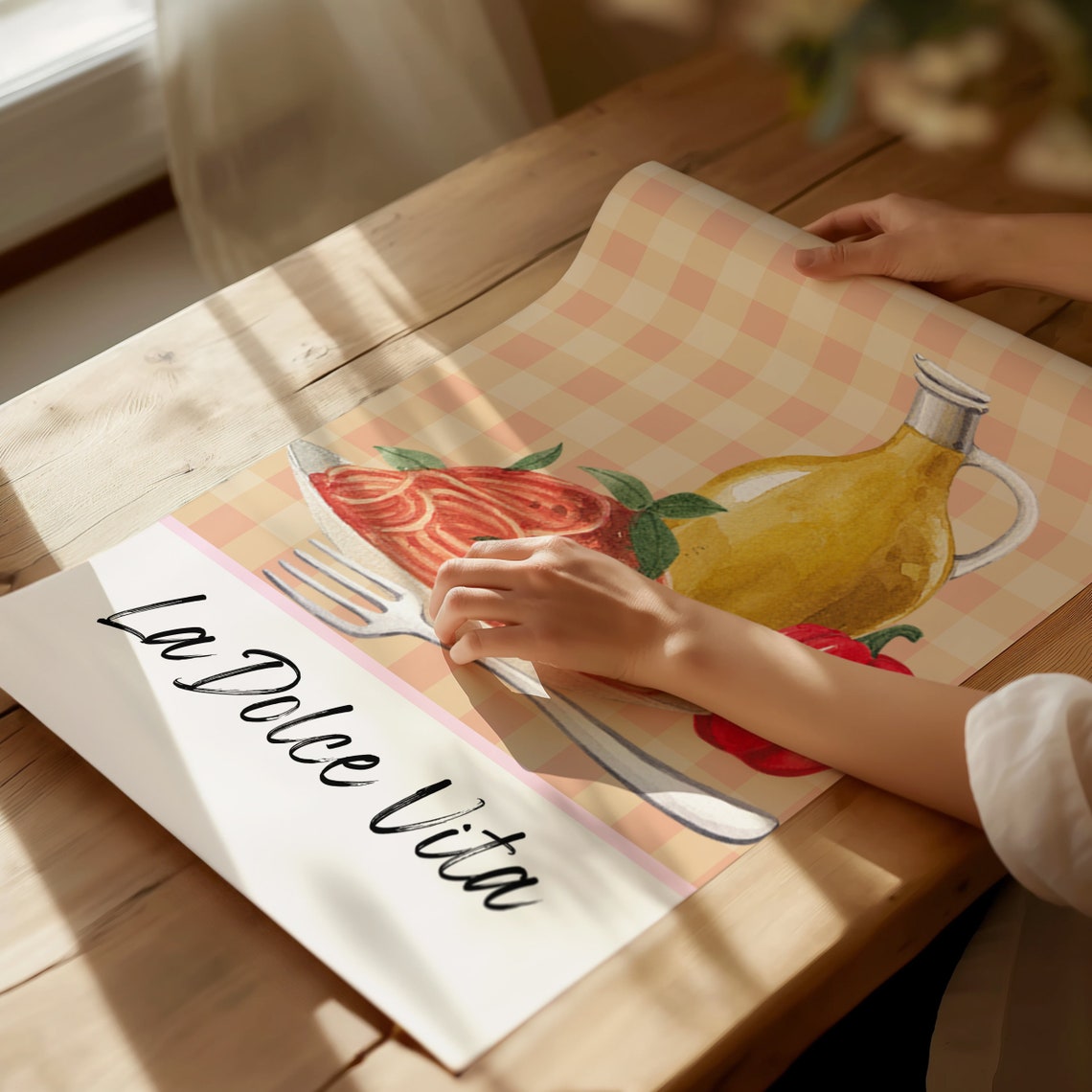 La Dolce Vita Spaghetti Olive Oil Pepper Gingham Kitchen Poster - Image 3