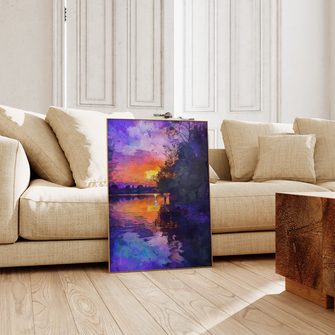 Watercolor Sunset Lake Figures Purple Orange Twilight Poster - Image 2