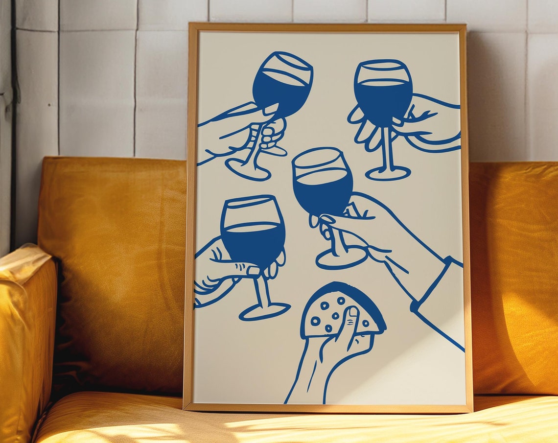 Blue Line Art Cheers with Wine Glasses and Cheese Kitchen Poster