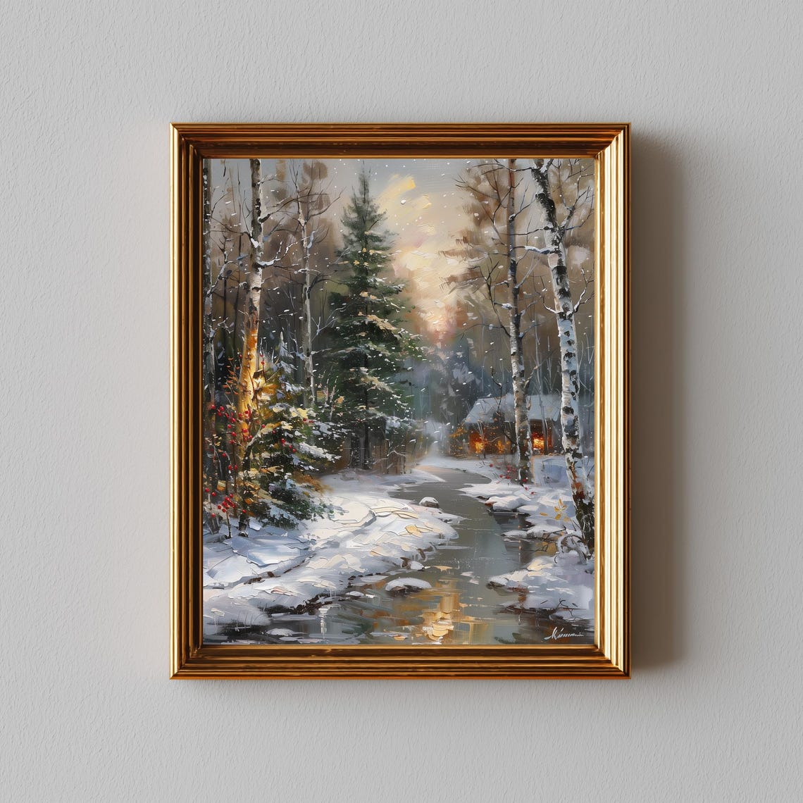 Snowy Winter Forest Cabin Path Twilight Oil Painting Art Poster