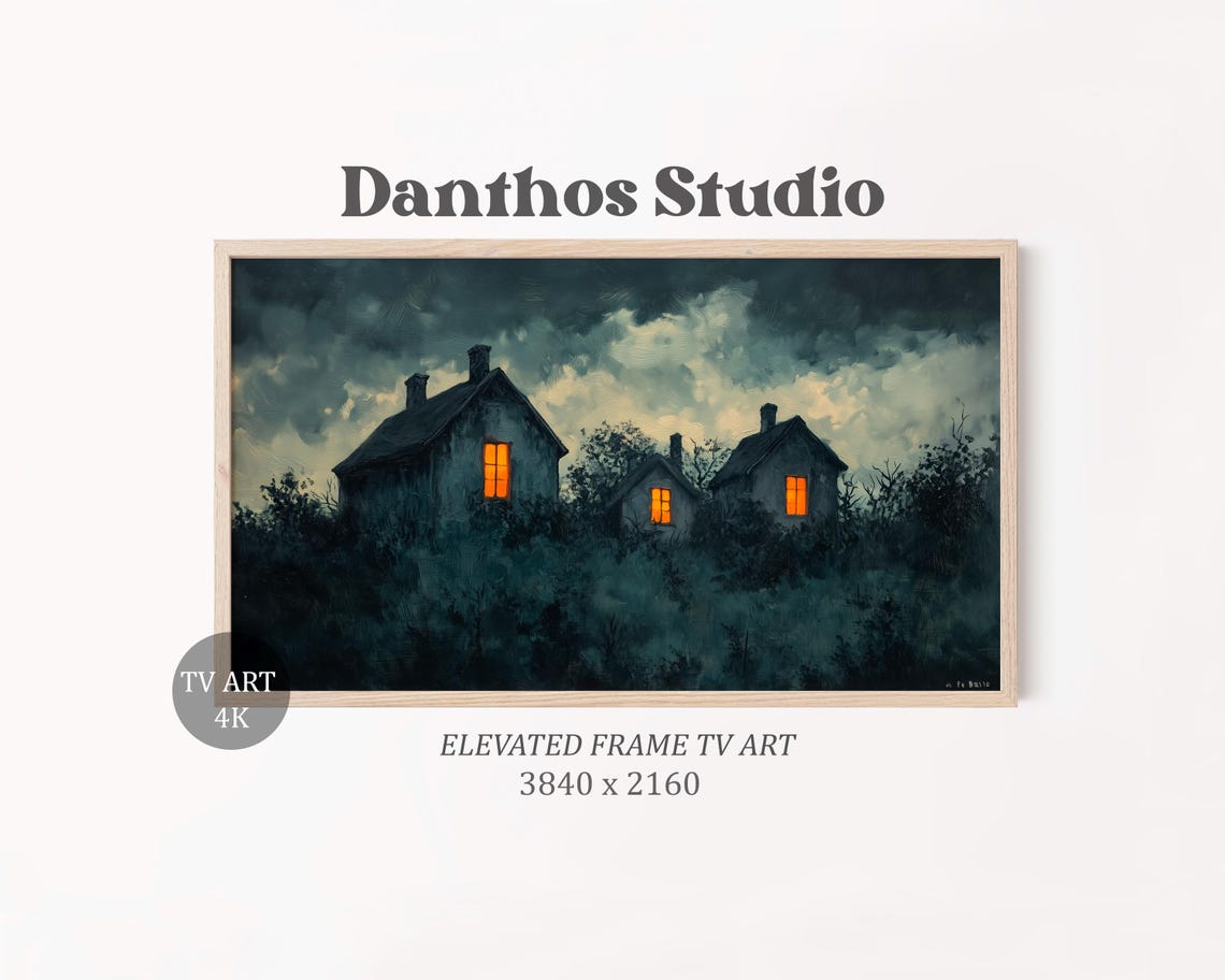 Haunted Farmhouses Frame TV Art Poster Glowing Windows Storm Sky