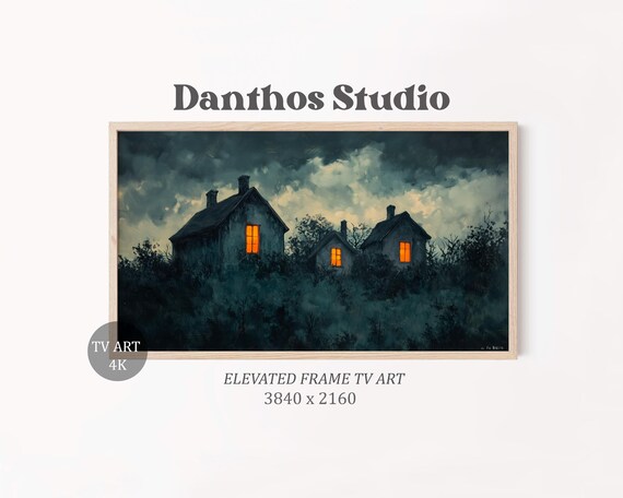 Spooky Haunted Houses Frame Tv Art Moody Stormy Sky Scene Eerie Hilltop Decor Vintage Halloween Wall Dark Atmosphere 18