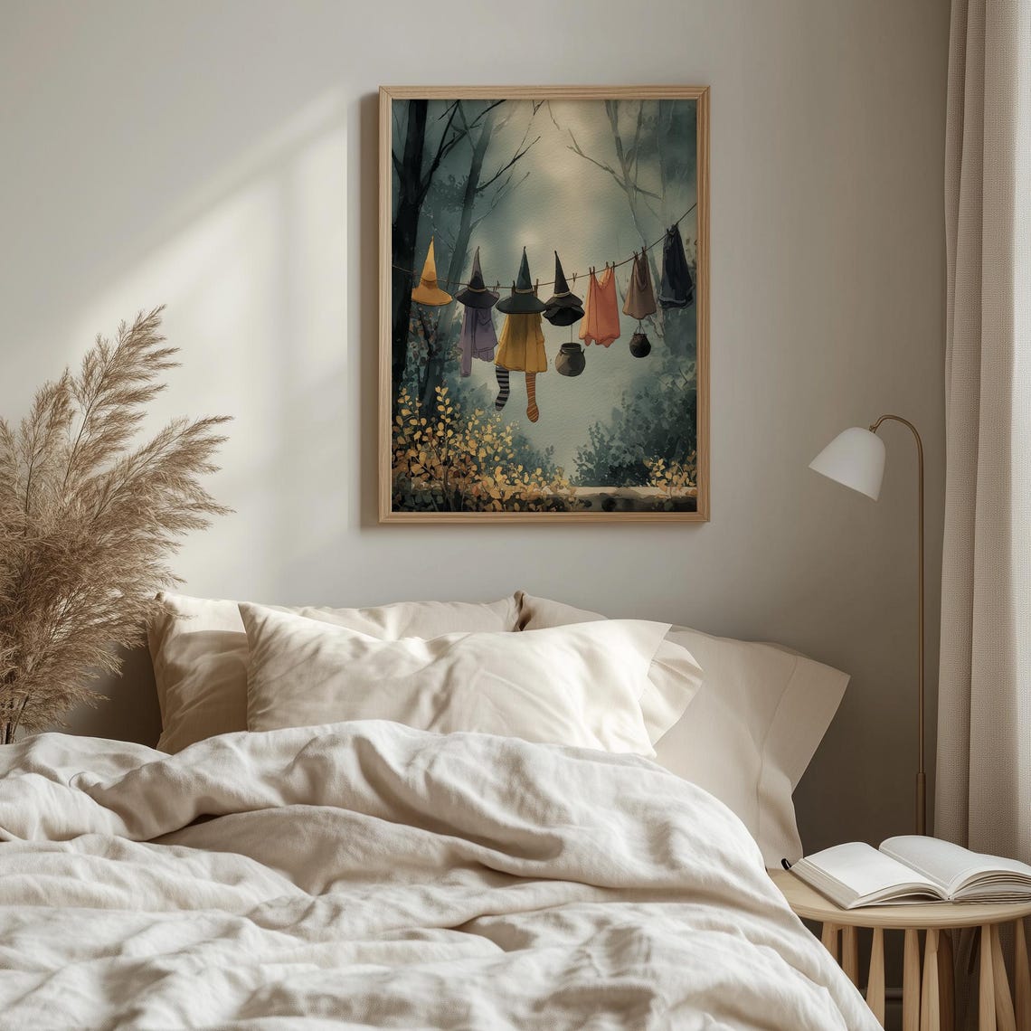 Witch Laundry Line Watercolor Art Enchanted Autumn Print