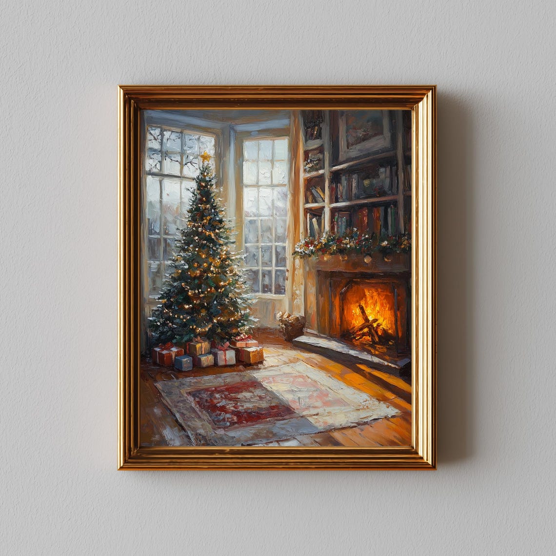 Christmas Library Corner Tree Fireplace Bookshelves Painting Poster