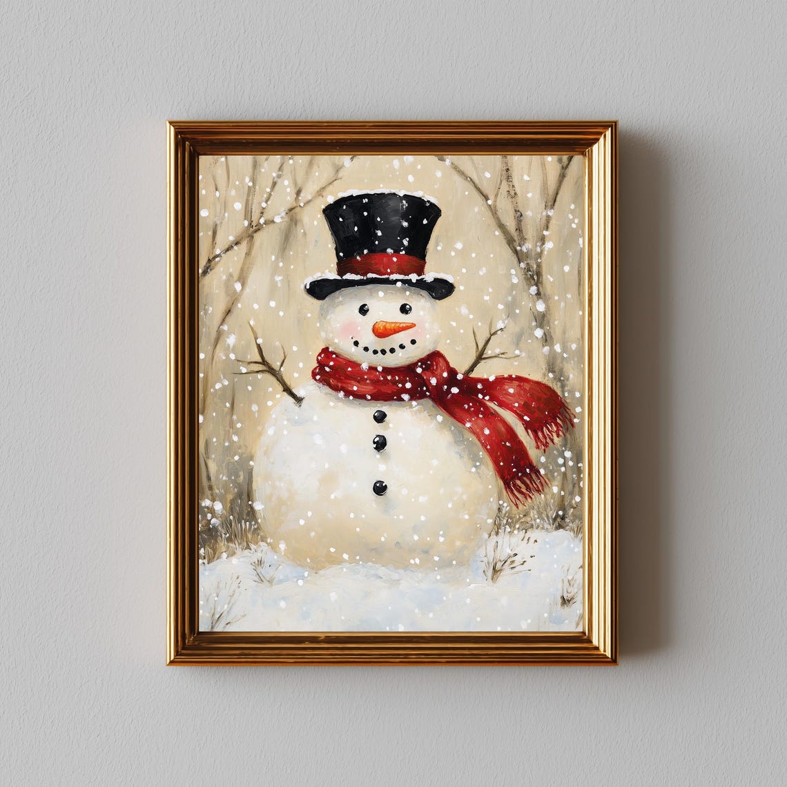 Vintage Snowman Top Hat Red Scarf Falling Snow Winter Poster
