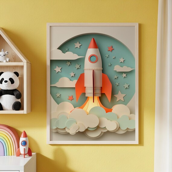 Rocket Ship Launch Papercut Nursery Kids Space Room Dreamy Wall Art