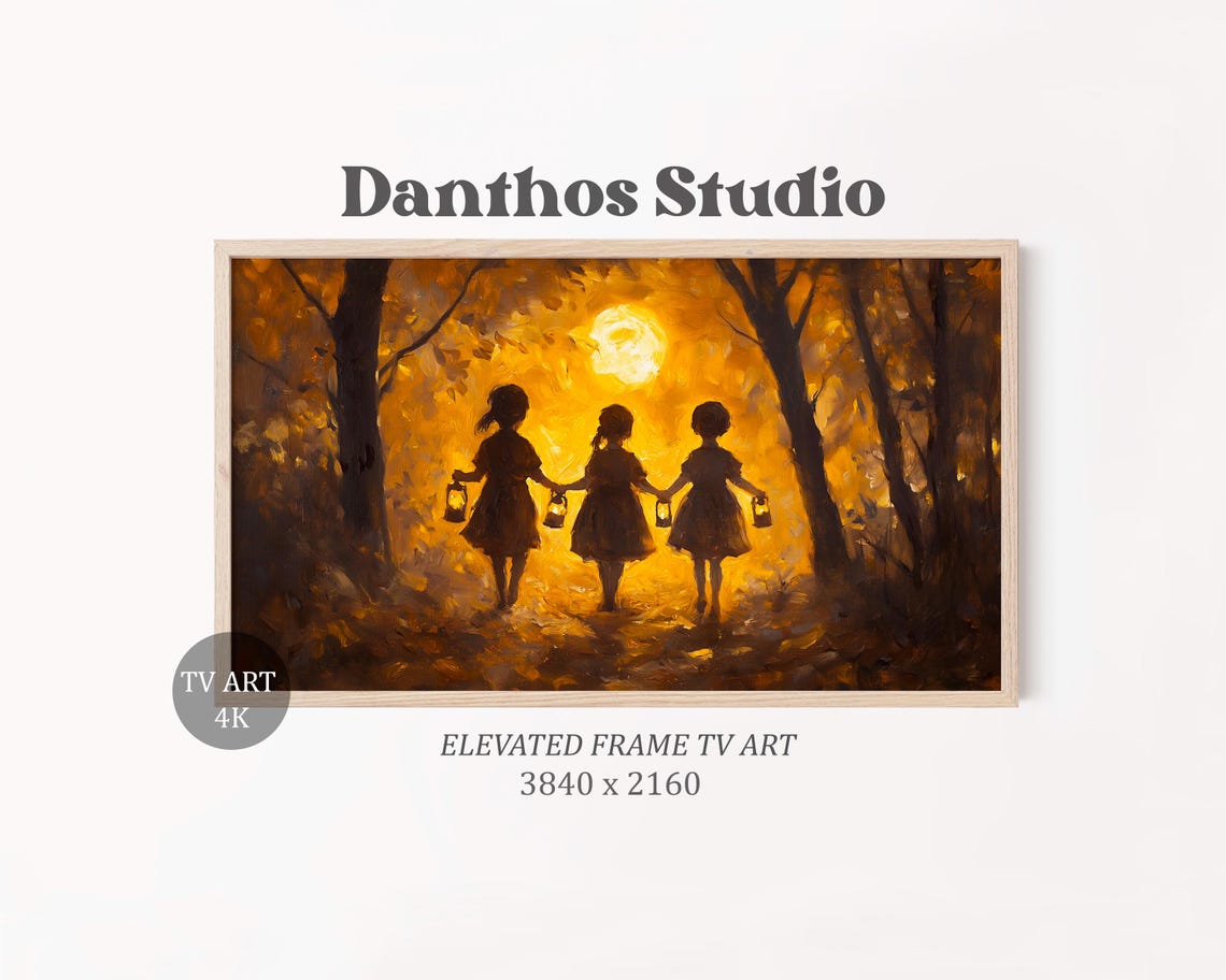 Kids With Lanterns Autumn Forest Sunset Nostalgic Halloween Poster