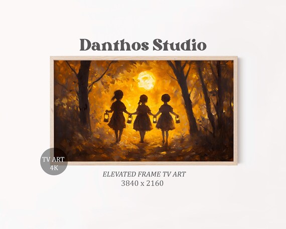 Halloween Frame Tv Art Vintage Kids In Costumes For Nostalgic Fall Decor With Glowing Horizon Background 15