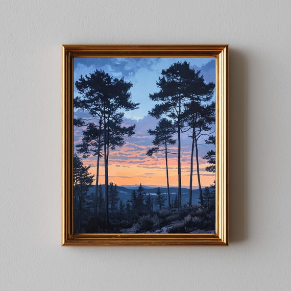 Rustic Pine Tree Silhouettes Against Sunset Sky Moody Twilight Landscape Painting Serene Forest Scene Nature Art 293
