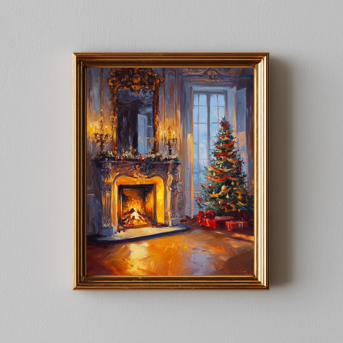 Vintage Parisian Fireplace Painting with Christmas Tree and Gifts Cozy Poster
