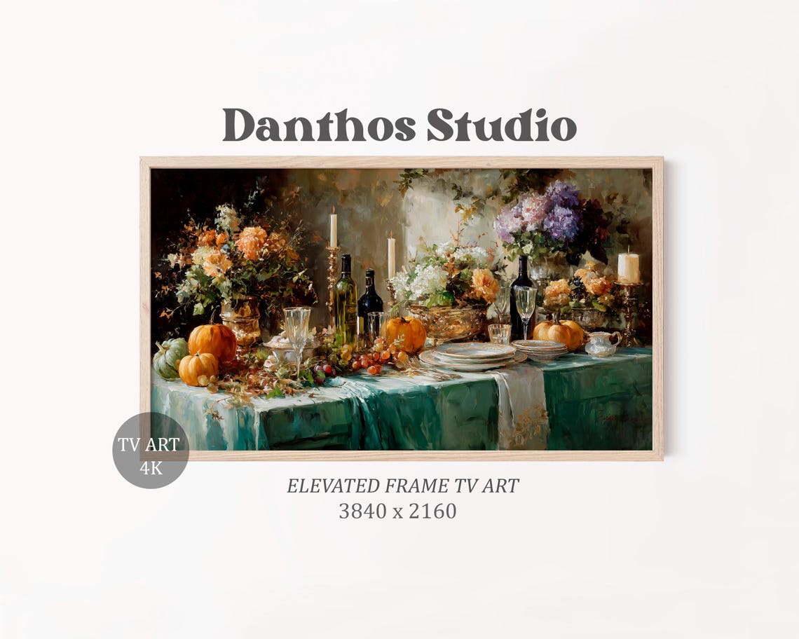 Vintage Thanksgiving Dining Table Frame Tv Art Rustic Still Life Artwork Cozy Farmhouse Decor Fall Harvest Painting 56