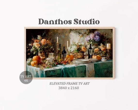 Vintage Thanksgiving Dining Table Frame Tv Art Rustic Still Life Artwork Cozy Farmhouse Decor Fall Harvest Painting 56
