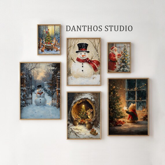 Christmas Wall Art Set Of Six Cozy Vintage Holiday Paintings