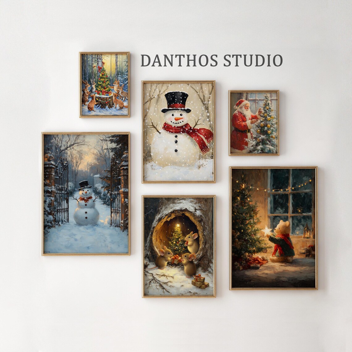 Christmas Wall Art Set Of Six Cozy Vintage Holiday Paintings