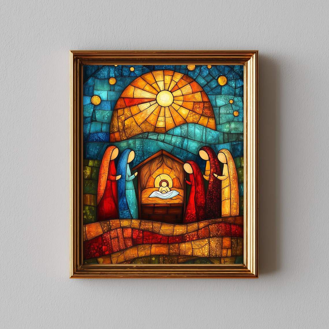 Christmas Nativity Scene Stained Glass Art Print