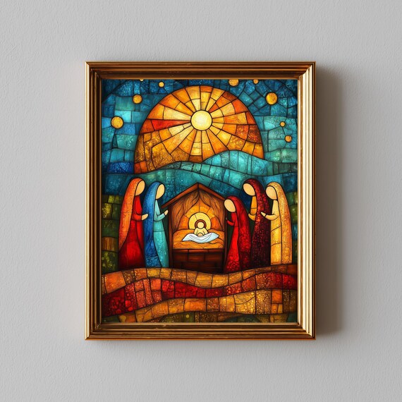 Christmas Nativity Scene Stained Glass Art Print