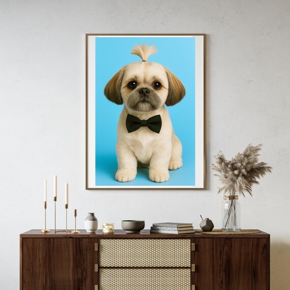 Shih Tzu Puppy Wall Art Cute Dog Portrait With Bow Tie Pet Poster Lover Gift Nursery Animal Decor