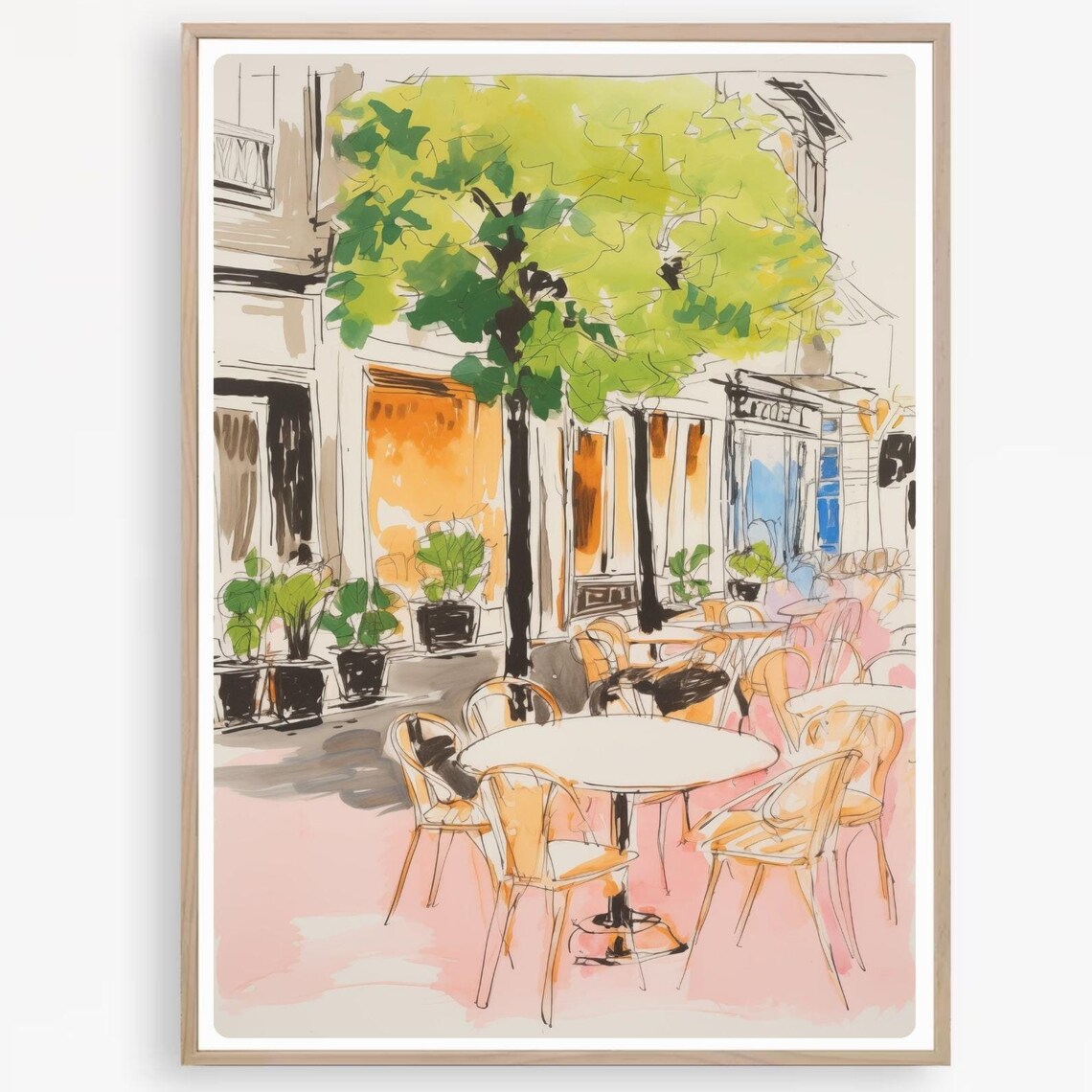 Parisian Street Cafe Sketch Under Green Tree Watercolor Poster